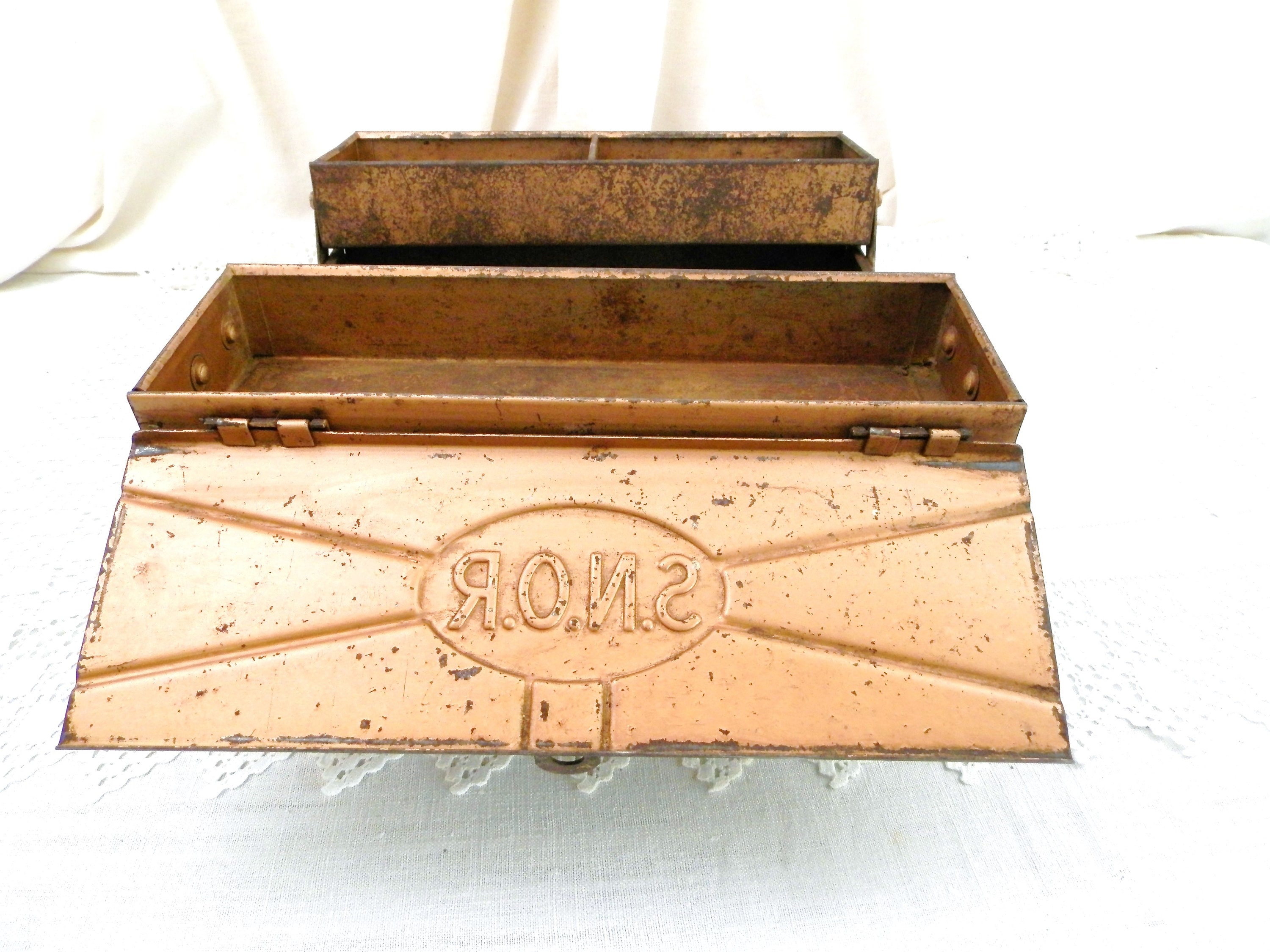 Vintage French 1940s Concertina Painted Metal 2 Handled Tool Box by