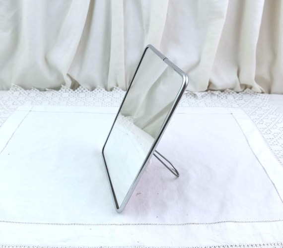Vintage French 1950s Vanity / Barber Mirror Free Standing Easel Chrome Frame Folding Handle, Handheld Wall Hanging Bathroom Shaving