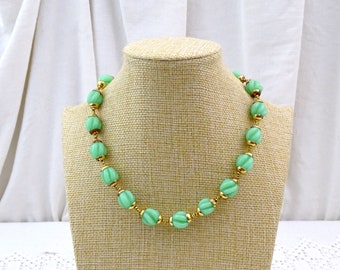 Vintage Molded Jadeite Opaline Collar Beaded Necklace, Retro 1950s Green Milk Glass Beads on Woman's Short Necklace Gold Tone Metal Caps