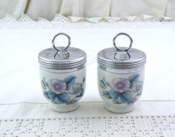 2 Vintage English Royal Worcester Porcelain Egg Choddler for Poached Egg Cooking with Flower Pattern, Retro Breakfast Accessory England