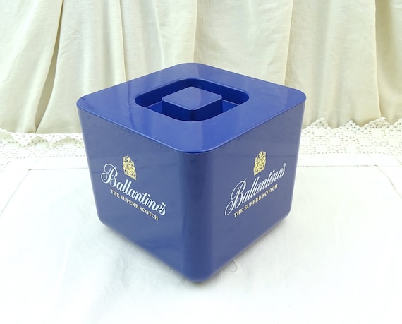 Vintage Ballantine's The Superb Scotch Whiskey Blue Square Ice Cube Box, Retro Barware Chiller Bucket Accessory Scotland, Scottish Decor