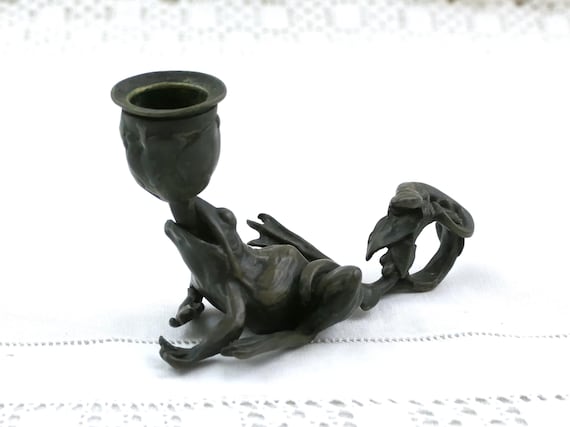 Antique Bronze Frog Chamberstick , Collectible Figural Candle Holder with Curled Tail, Whimsical Amphibian Sculpture, French Candlestick