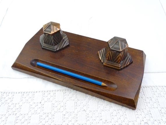 Vintage French Art Deco Wooden and Metal Desk Set with 2 Inkwells with Glass Liners and Pen Rest,  1930s Office Decor from France