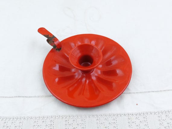 Antique French Red Enameled Hand Held Candle Stick Holder, Vintage Enamelware Bed Chamberstick, Farmhouse Cottagecore Country Boho Decor