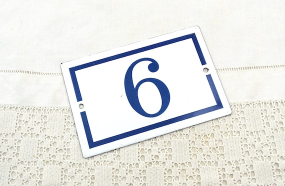 Vintage French Porcelain Enameled Metal House Sign in White and Blue  Number 6, Enamel Street Home from France, Traditional Address Sign