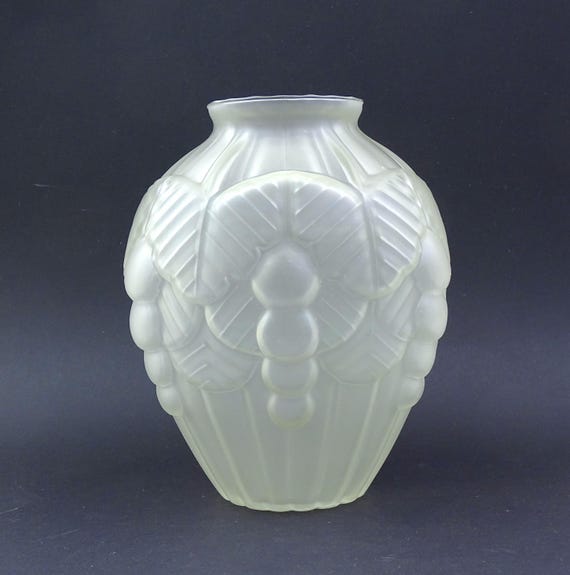Large Vintage French Frosted Pressed Clear Glass Art Deco Vase with Geometric Patterns, Retro 1930s Big Glassware France, Flower Arranging