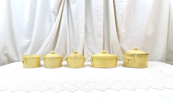 Antique French Set of 5 Terrine Pots in Beige Colored Terre a Feu by Sarreguemines, Vintage Country Farmhouse Kitchen Decor from France