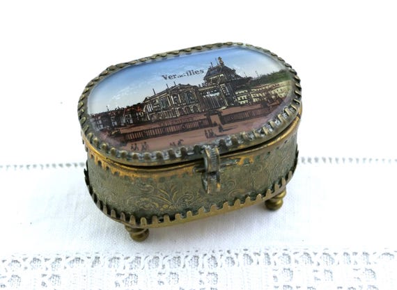 Small French Antique Glass Lidded Jewelry Box with Colored Illustration of Versailles Chateau, Vintage Victorian Curio Jewelry Trinket  Box
