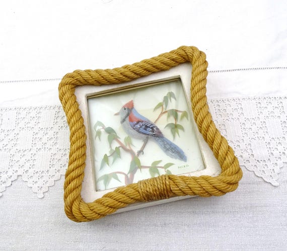 Vintage French Framed Reverse Painted Glass Picture of a Blue Jay by Decbel, Retro Collectible Handpainted Bird Painting with Rope France