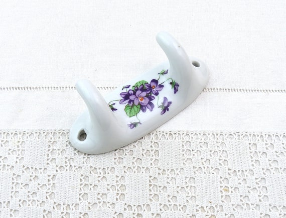 Vintage French White Porcelain China Wall Mounted Hooks with Violet Flower Pattern by Porcelaine de La Reine, Retro Bathroom Towel Hanging