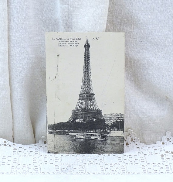 French Antique Black and White Postcard of the Eiffel Tower in Paris with the River Seine, Vintage Vacation Souvenir France