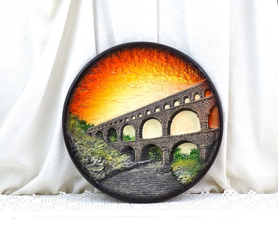 Large French Vintage 3 Dimensional Pottery Wall Plate of the Gard Roman Bridge Signed by the Artist Marylou, Retro Kitsch Wall Decor France