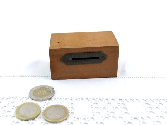 Small Antique French Coin Box with Sliding Lid Working Lock and Key, Little Vintage Money Container from France, Retro Wooden Savings Box