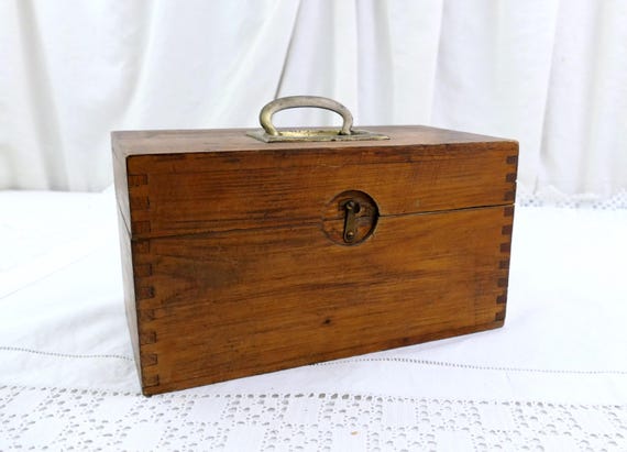 Antique French Rectangular Wooden Box with Folding Brass Handle, Retro Rustic Storage Container from France, Country Farmhouse Organization