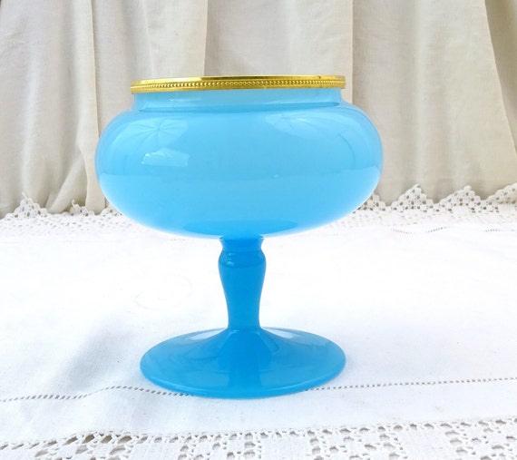 Vintage Mid Century Opaline Blue Glass Apothecary Style Footed Jar With Gold Tone Banding Round the Rim, Retro 1960s  Milk Glass Glassware