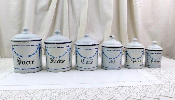 Antique French 6 Piece Enamel Canister Set in White with Blue Pattern and Lettering, Vintage Brocante Kitchen Enamelware Decor from France