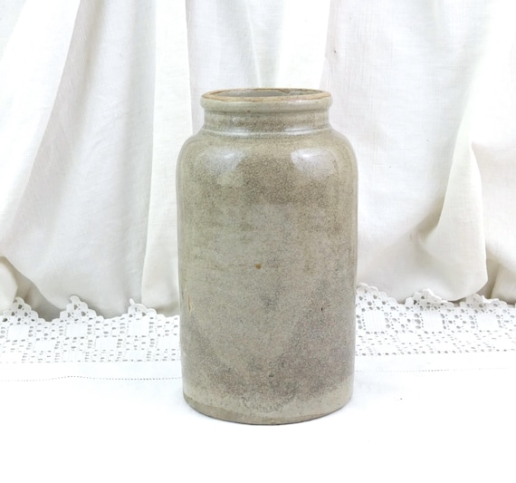 Antique French Stoneware Storage Jar with Grey Beige Crackle Glaze, Retro Rustic Farmhouse Kitchen Décor, Vintage Utility Crock from France
