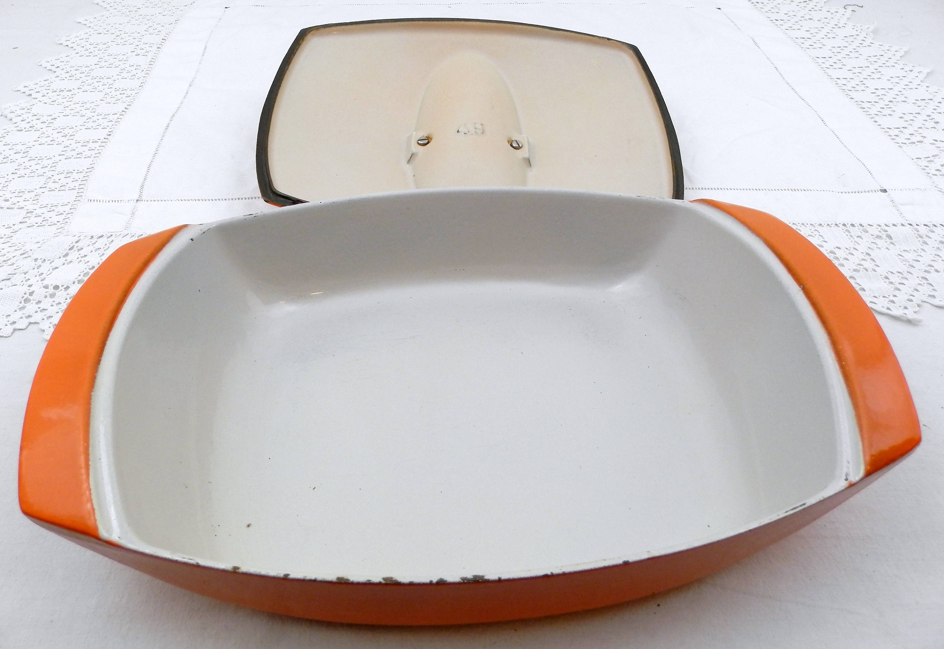 Vintage French Designer Bright Orange Enameled Cast Iron Le Creuset 4.5 Cooking Pan / Pot and