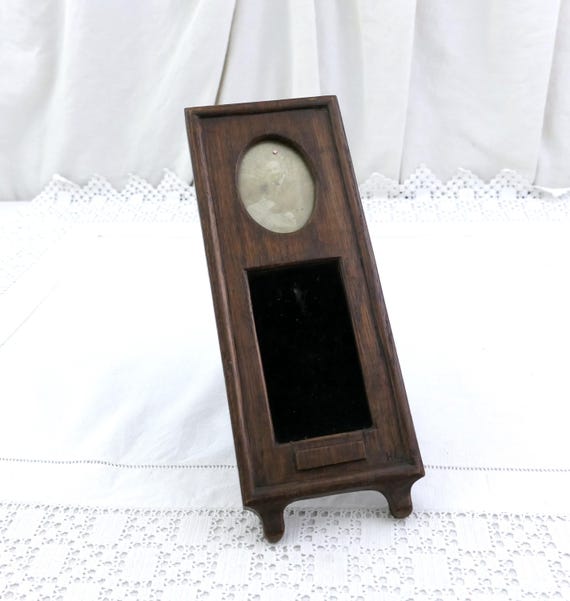 Small Antique French Primitive Hand Carved Free Standing Portrait Frame Made of Wood, Retro Home Made Pocket Watch Holder Picture Holder
