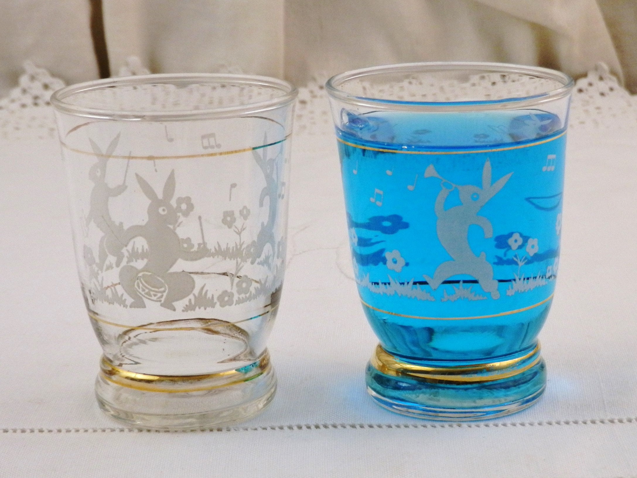 2 French Vintage Water Glasses with Printed Images of Bunny Rabbits