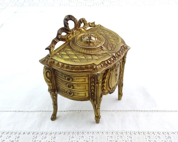 Vintage French Gold Plated Bronze Ornate 4 Legged Commode Shaped Jewelry Box, Retro Rococo Style Casket, Parisian Versailles Brocante Decor