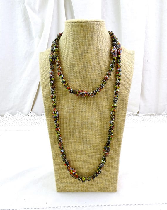 Long Vintage Handmade Black Glass Bead With Colorful Frit Necklace, Retro Bright Multicolored Boho Style Jewelry, Murano Style Glassware