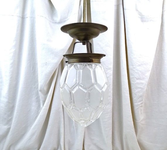 Antique French Art Deco Glass Pendant Ceiling Frosted Glass Light Shade With Geometric Pattern and Brass Fittings, Retro 1930s Light France