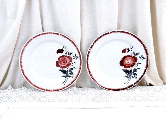 Marching Set of 2 French Vintage 1940s Dinner Plates with Stenciled Poppy Flower Pattern, Pair of Retro Decorative Table Ware, Wall Hanging