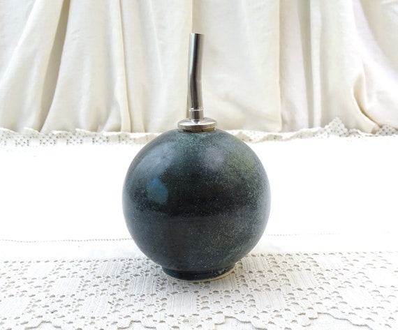 Vintage Art Pottery Round Oil Pourer with Blue Tone Mottled Glaze and Stainless Steel, Retro Salad Dressing Table Ball Shaped Accessory