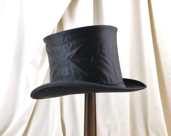 French Antique 19th C Black Satin Collapsible Top Hat, Vintage Man's Opera / Evening-ware Folding Head Gear from Paris, SteamPunk Accessory