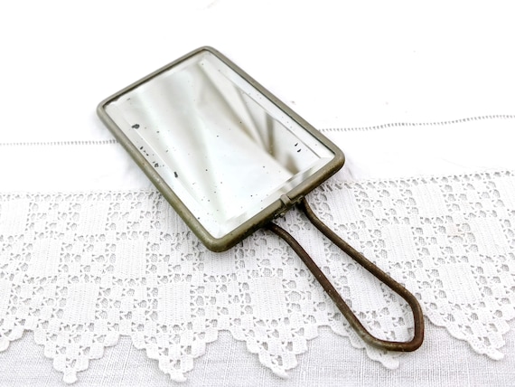 Small Antique French Framed Distressed Beveled Shaving Mirror Easel Stand, Wall Hanging Bathroom Looking Glass from France, Barber Accessory
