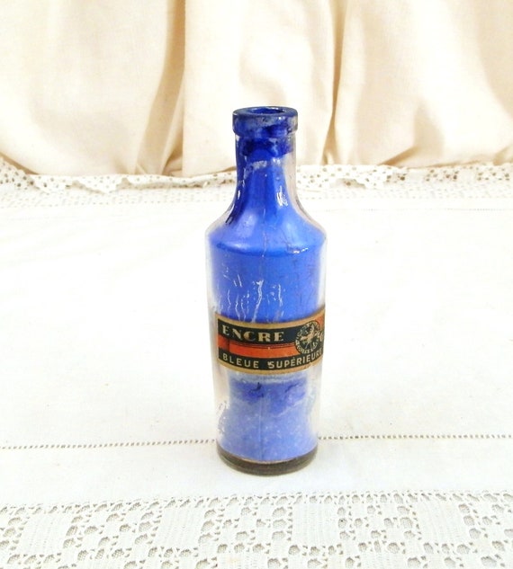 Vintage French Blue Ink "Encre Gauloise de Paris" Empty Glass Bottle with Original Paper Label, Decorative Brocante Home Decor from France