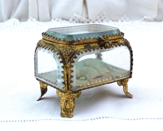 Antique Thick Beveled Glass Trinket Box, Vintage Parisian Style Ormolu Casket Jewelry Box France, Brocante Box Paris, Decorative Storage