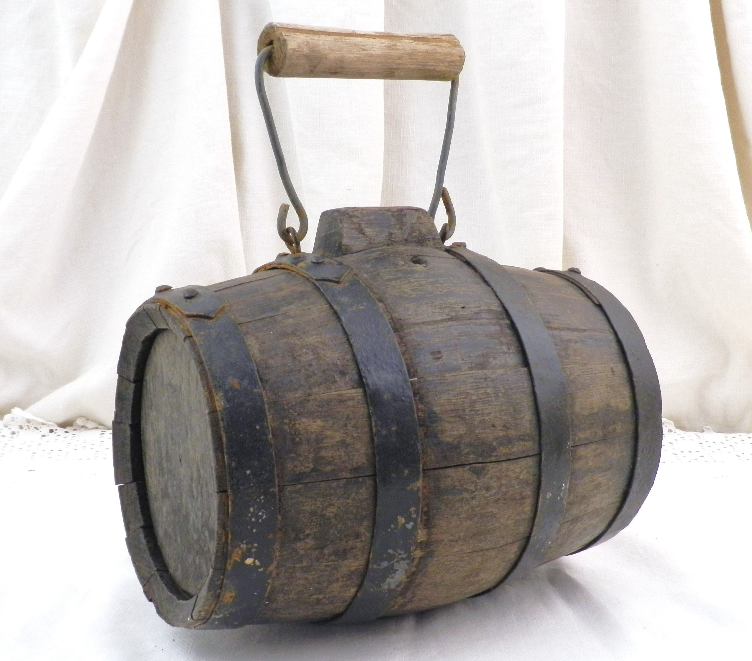 Small French Antique Wooden Wine Barrel with Carrying Handle, Vintage Calvados Oak Keg from