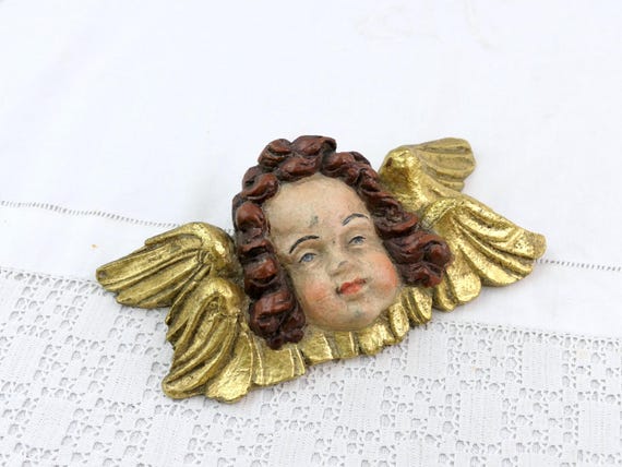Vintage French Wall Mounted Cherubim Figurine with Gold Gilded Wings, Retro Angel's Head, Putti Cherub Statuette Church Style Decor