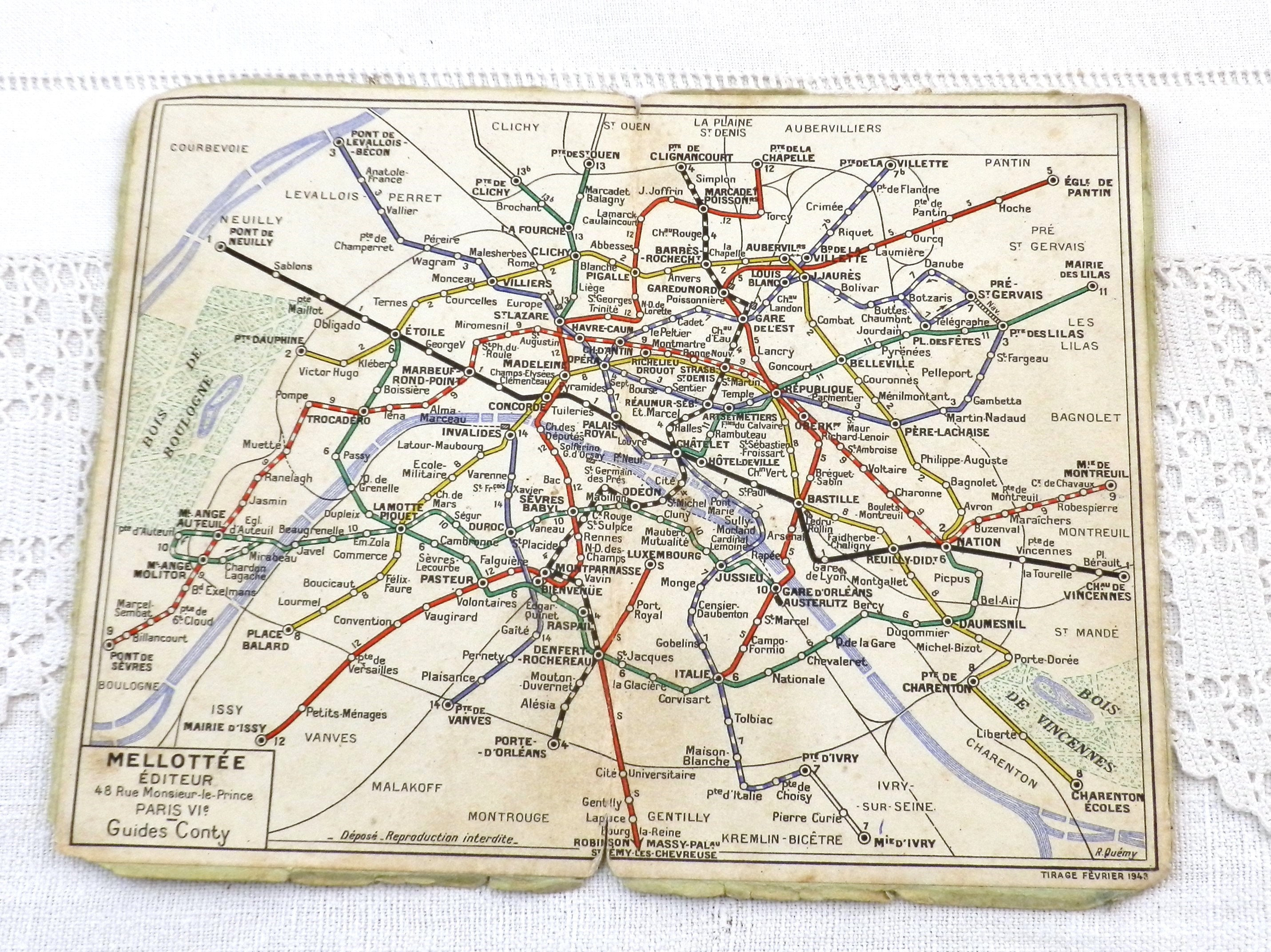 French Vintage 1943 Parisian Metro Plan by Mellottée, Retro Map of ...