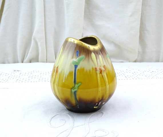 Vintage Mid Century West German Fish Mouth Vase by Dumler & Breiden Model Number 1294 - 12 with Drip Glaze, Retro 1950s Small China Vase