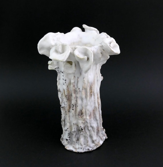 Vintage French Studio Pottery Brutalist Flower Vase with Chunky White Glaze, Retro 1960s Mid Century Unique Sculptural Artisan Ceramic Vase