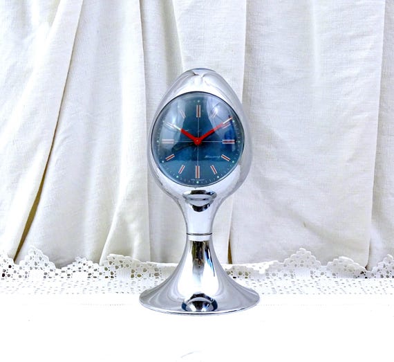 Vintage Working Mid Century Modern Tulip Base Egg Shaped Alarm Clock by Blessing West German Silver and Blue, Retro 1960s Time Piece