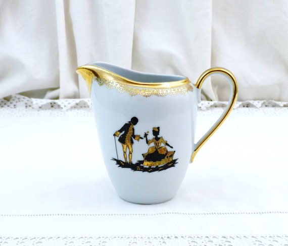 Vintage 1950s White Porcelain China Creamer Pitcher Decorated with Gold and Black Silhouette of 18th Century Couple Made in Germany