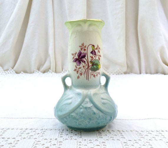 Small Antique French Majolica Pottery Poesy Vase in Pale Blue and White and Purple Violet Flower Pattern, Vintage Victorian Ceramic Bud Vase