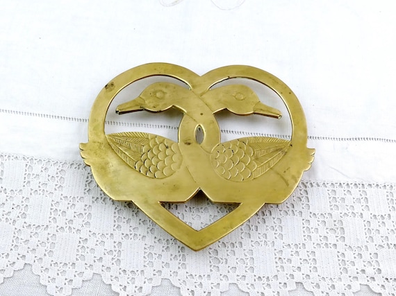 1970s Vintage Scandinavian Style Brass Swan Trivet with Intertwined Birds in Heart Shaped Frame Northern European Vintage Decor, Boho Decor