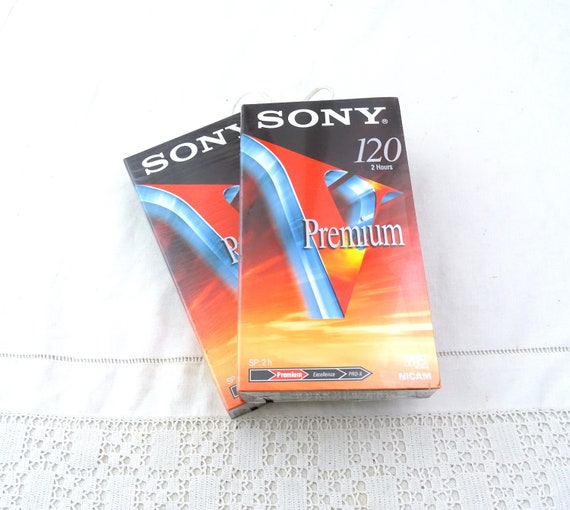 2 Vintage Unused Blank Factory Sealed VHS Pal Secam Sony 120 2 Hours Premium Video Cassette, Retro Tv Recording 1990s.