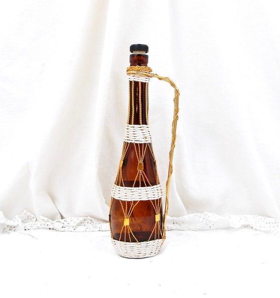 Vintage French 1960s Mid Century Amber Glass Bottle with Metal Wire and White Plastic Decoration, Retro Home Interior, Kitch 1970 Bottle