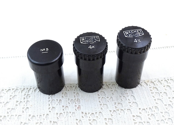 3 Small Vintage French Black Bakelite Canister Style Boxes for Microscope Lens by Nachet, Retro Scientific Tool Accessory from France