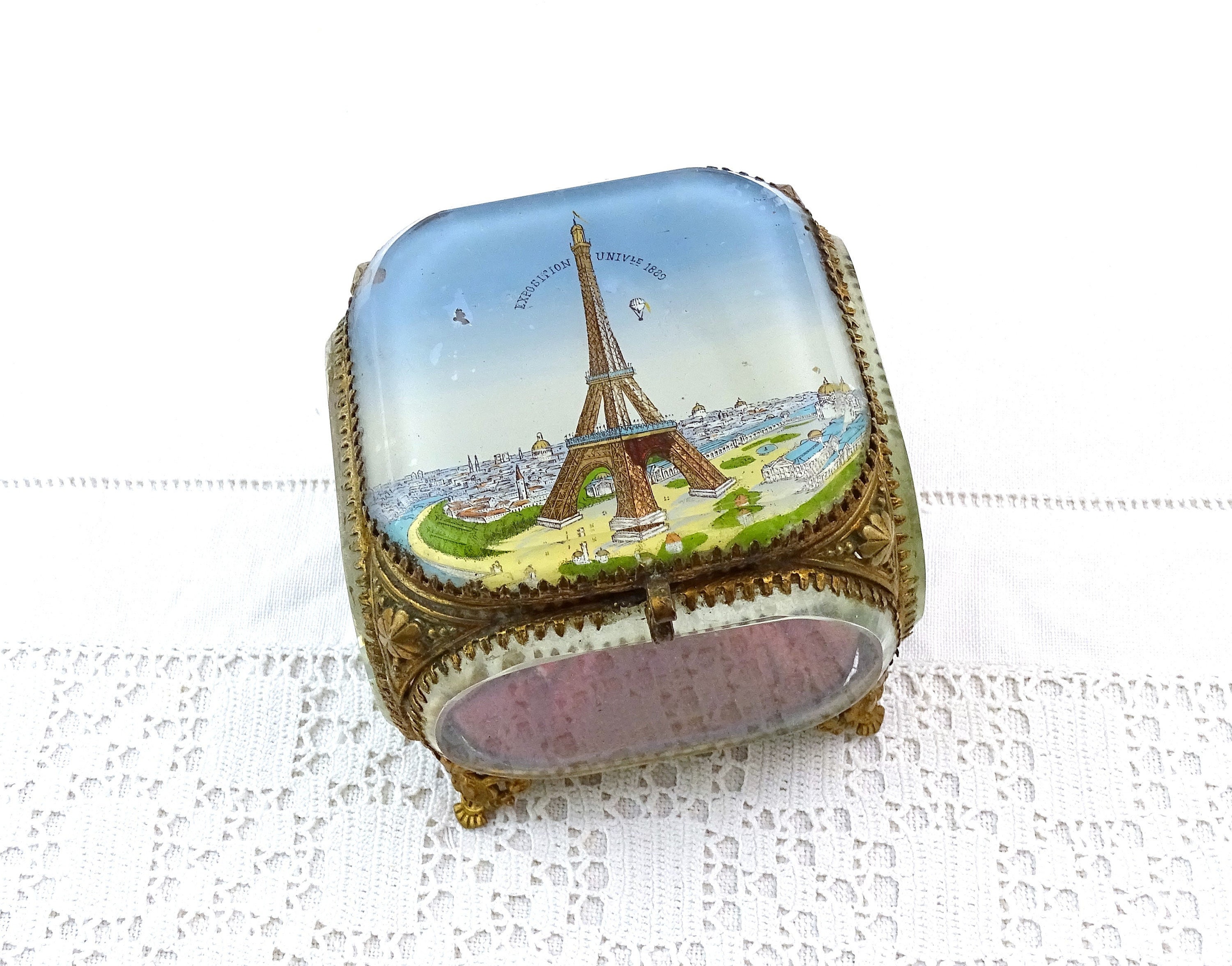 Antique French Eiffel Tower Padded Beveled Glass Jewelry Box from The