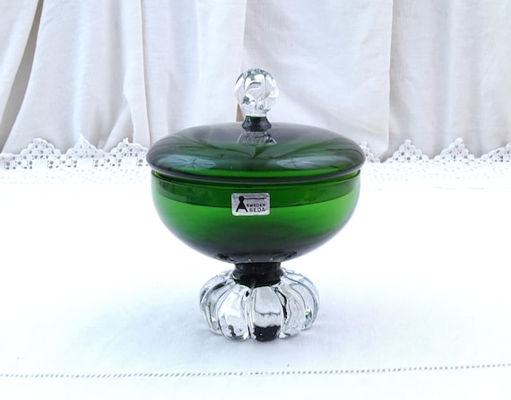 Vintage Scandinavian Mid Century Modern Seda Studio Glass Bonbonnier in Green and Clear Glass, Retro Studio Glass Dish with Lid from Sweden