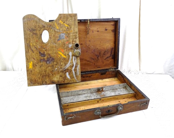 Antique French Wooden Artist's Paint Box with Working Lock and Key, Vintage Splattered Oil Painted Painting Painters Box Made of Wood