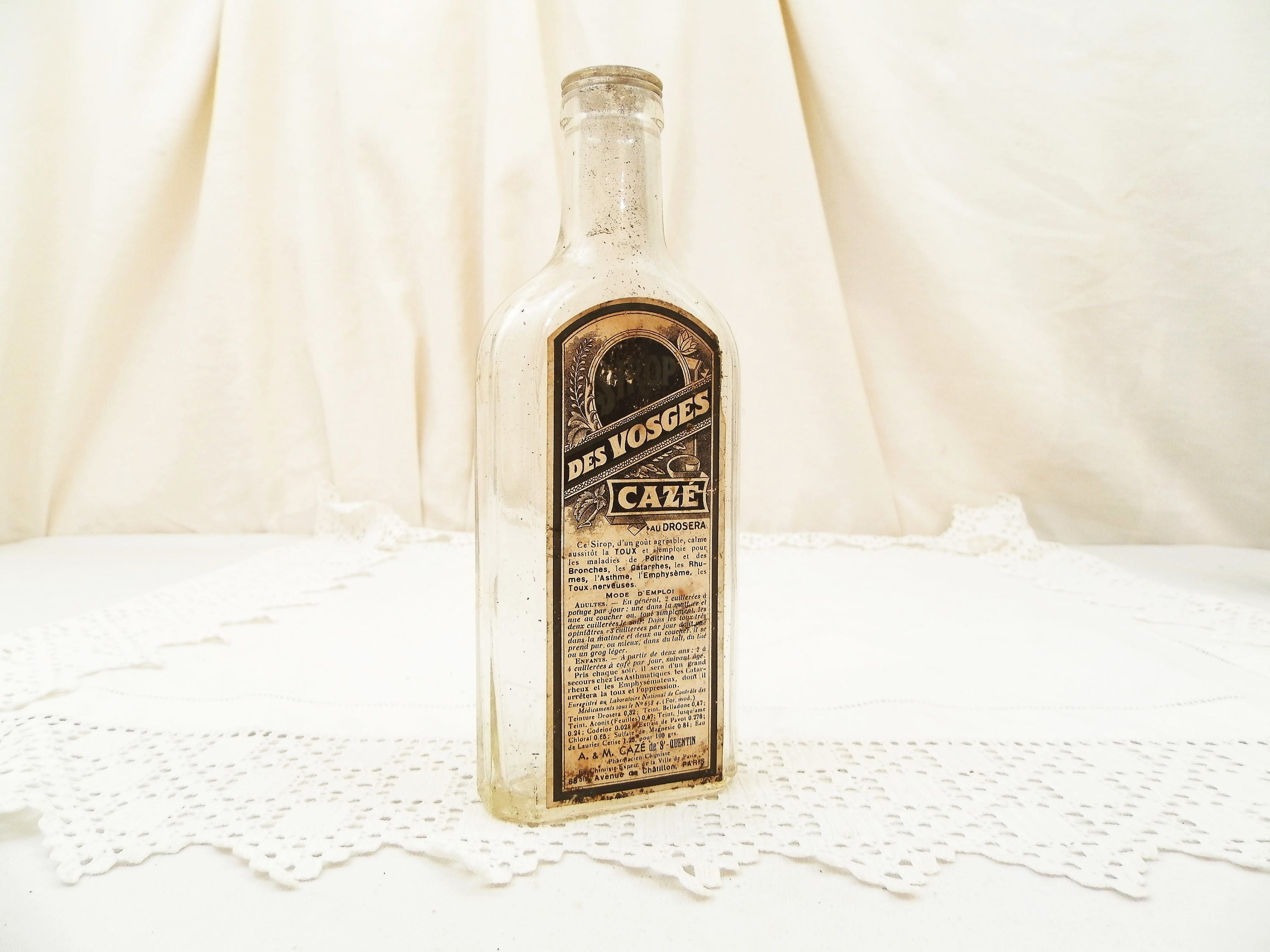 Antique French Cough Syrup Sirop des Vosges Cazé Glass Bottle with Original Paper Label