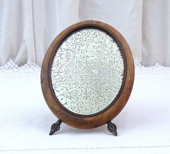 Small Antique French Inlayed Oval Wooden Free Standing or Wall Mounted Vanity Mirror, Vintage Make Up Looking Glass, Cottagecore Decor